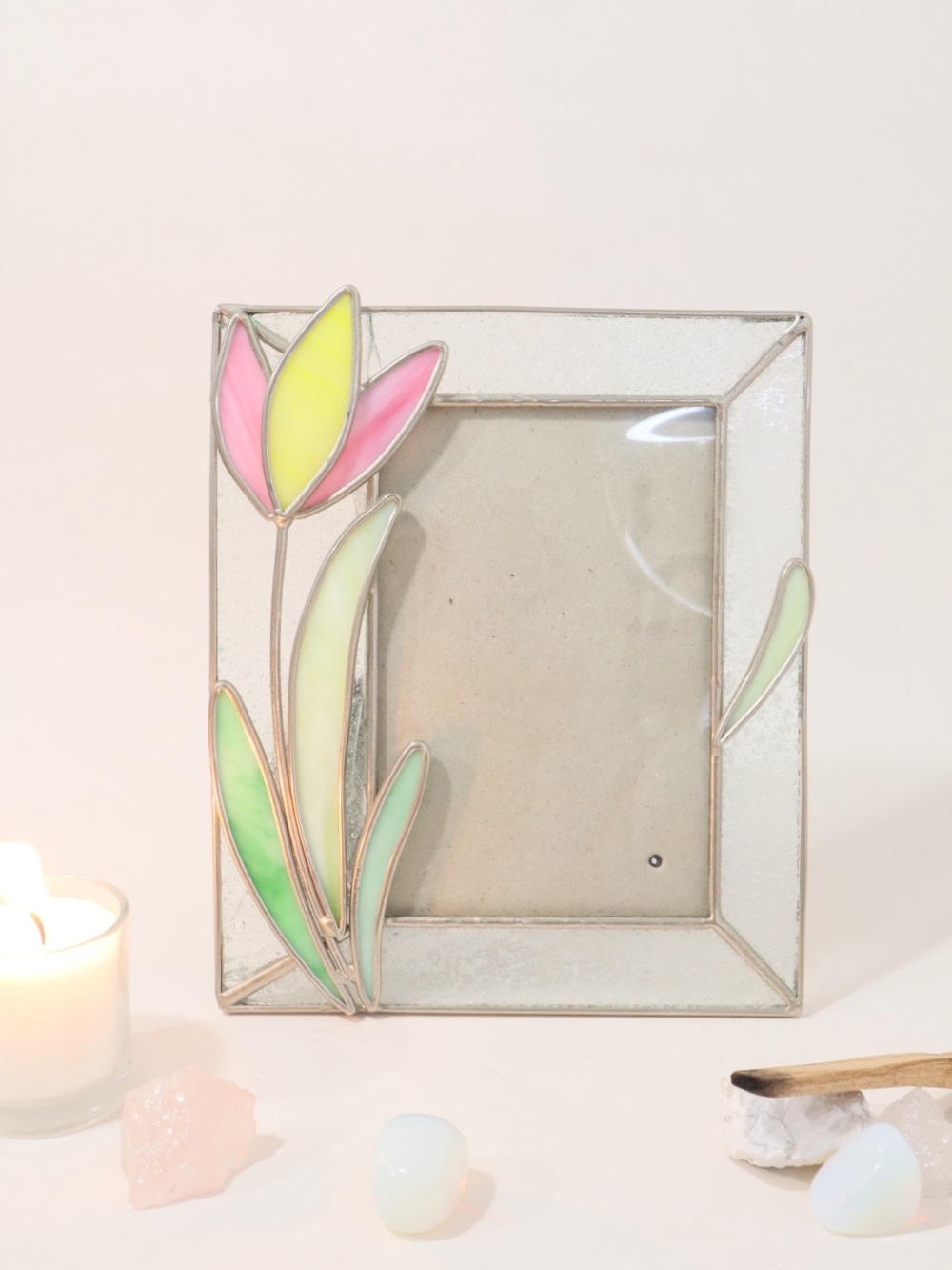 Handcrafted Stained Glass Tulip Picture Frame with Pink and yellow petals 6¾x8”